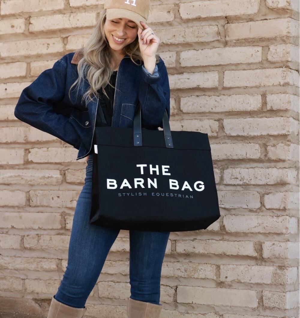 THE BARN BAG Stylish Equestrian Black Canvas Tote Leather Handles Horse Girl